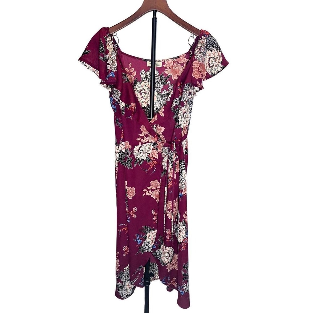 Monteau Los Angeles Womens Large Burgundy Floral Flutter Sleeve Wrap Dress 59163 - Picture 1 of 4